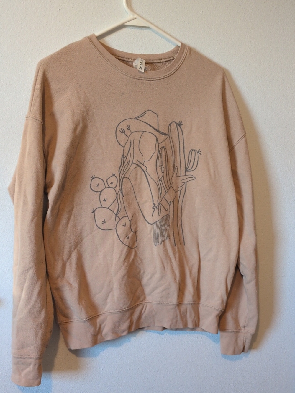 Bella Canvas Beige Crewneck Sweater with Desert Line Art Cowgirl